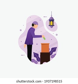 Muslim people giving donation to poor people flat vector cartoon illustration ramadhan kareem