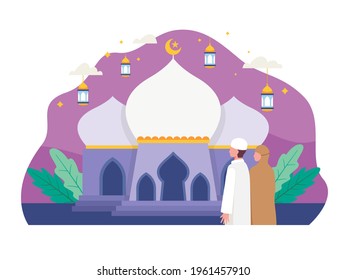 Muslim people going to mosque for prayer. Muslim family going to mosque during Ramadan to pray. Vector illustration in a flat style