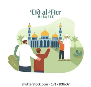 Muslim people are going to mosque while greeting each other. Eid mubarak flat cartoon character illustration