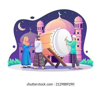 Muslim People greetings Ramadan Kareem and Eid Mubarak with a person hitting bedug or drum. Calling time to suhoor or iftar. Flat style vector illustration