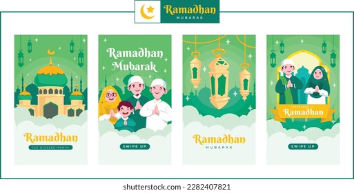 Muslim People greetings Ramadan Kareem and Eid Mubarak. Beautiful Ramadan Kareem Banner Illustration Background. Flat Design