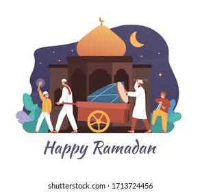 Muslim people hitting drum and celebrating ramadan