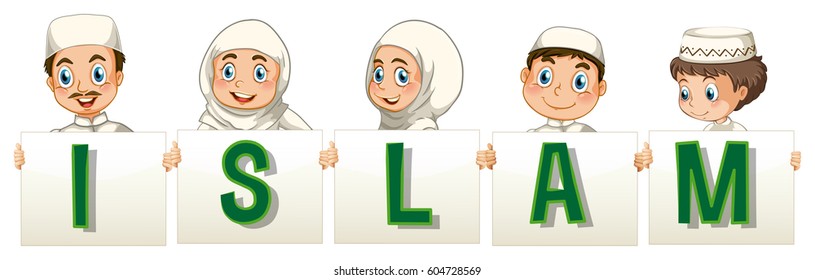 Muslim people holding islam card illustration