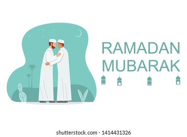 Muslim people hug each other as they celebrate Ramadan. Vector Illustration