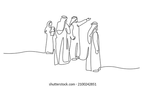 Muslim people looking at art picture in gallery. Arab middle east cloth shmagh, thawb, robe, hijab. Continuous one line drawing design vector illustration