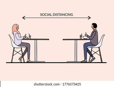 Musulmanes mantienen el distanciamiento social en un restaurante para prevenir y proteger el coronavirus covid-19