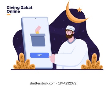 Muslim People pay zakat with online mobile application. Paying Zakat with Online Web. Online zakat application. Zakat charity with E-Money or digital finance technology.  Give alms Islamic culture