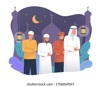 Muslim People Perform Tarawih Prayer At Night During Ramadan