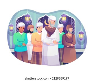 Muslim people perform tarawih prayers at the night during Ramadan. Prayers in congregation at the mosque. Flat style vector illustration