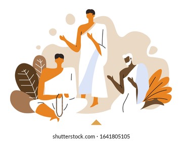 Muslim people pray to Allah hand gesture, hajj isolated icon vector. Men in white robes with rosary, Islam ritual, culture and religion, holy ritual. Beads for prayer, pilgrimage and pilgrims