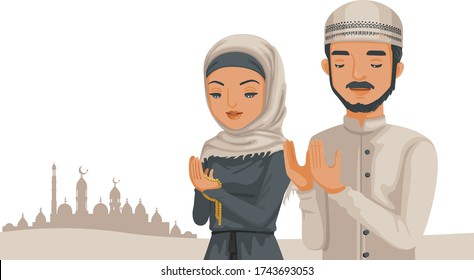 Muslim people prayer. Man and woman praying with mosque in shadow background. Worship the deity faith. Arab person emblem for Islamic. Vector design for islamic religious culture. Concept of faith.