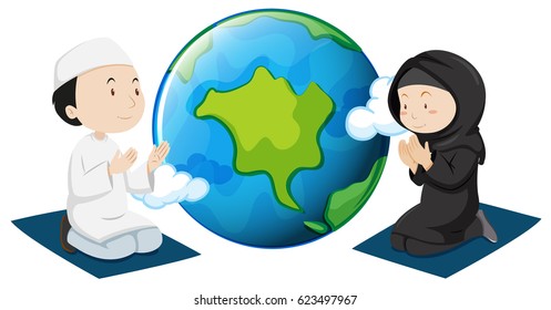 Muslim people praying around the world illustration