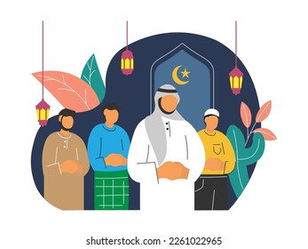 Muslim people praying at mosque. Ramadan kareem illustration concept isolated on white. Muslim people worship together in a mosque