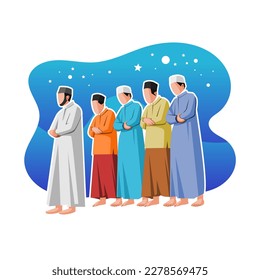 Muslim people are praying sholat together flat illustration