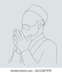 Muslim People Praying.Line art drawing of a Muslim man praying.