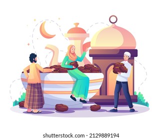 Muslim people are preparing for the Iftar party celebration after fasting on Ramadan Kareem. sweet dates in a bowl, Islamic lantern and Arabic coffee mug. Flat style vector illustration