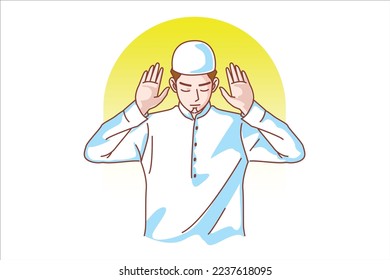 Muslim people raising two hands for prayer isolated on white background, concept for Ramadan, Eid al Fitr, eid ad-ha, prayer meditation Read the Islamic Quran