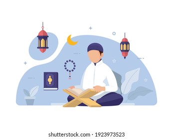 Muslim People Reading And Learning The Quran Islamic Holy Book Design Concept Vector Illustration