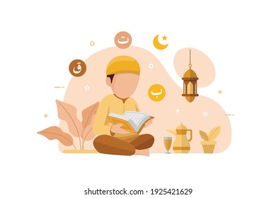 Muslim People Reading And Learning The Quran Islamic Holy Book Design Concept Vector Illustration