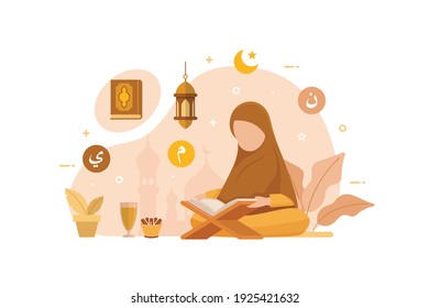 Muslim people reading and learning the quran islamic holy book design concept vector illustration