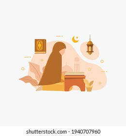 Muslim people reading and learning the quran islamic holy book design concept vector illustration