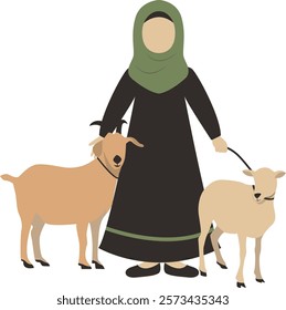 Muslim People with Sacrifice Animal. Eid Al Adha Mubarak. Vector Character Illustration