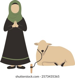 Muslim People with Sacrifice Animal. Eid Al Adha Mubarak. Vector Character Illustration