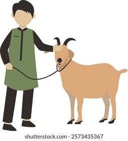 Muslim People with Sacrifice Animal. Eid Al Adha Mubarak. Vector Character Illustration