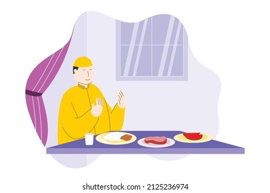 Muslim people sahur and iftar together in Ramadan Kareem, celebrating Ramadan Mubarak vector illustration