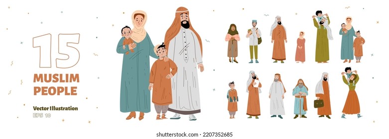 Muslim people set, family characters of different generation. Arab men in keffiyeh, women and girls in hijab, kids, student and old persons, vector hand drawn illustration