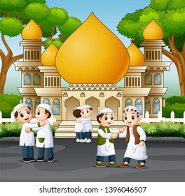 Muslim people shaking hands each other in front a mosque