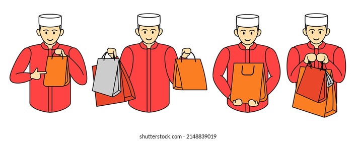 Muslim people shopping, male and boy cartoon character set, flat vector isolated illustration. Muslim buy item online ecommerce or offline store with shoping bags. 