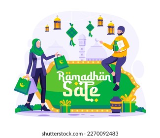 Muslim People shopping on Ramadan Sale. Ramadan Kareem and Eid Mubarak E-commerce, Online Shopping concept vector illustration