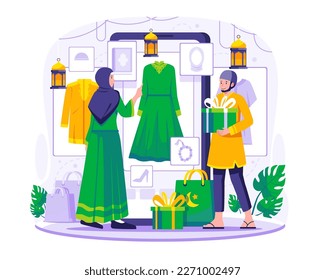 Muslim people are shopping online through big a smartphone. A woman is choosing Muslim clothes in an online store. Ramadan Sale and Shopping concept illustration