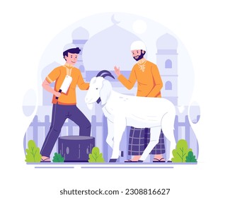 Muslim People slaughter a goat for Sacrifice or Qurban on Eid Al Adha. Happy Eid Al Adha Mubarak. Vector Illustration