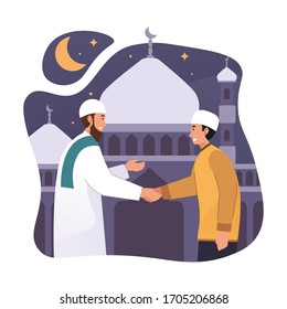 Muslim people standing in front of mosque while shaking hands and greeting each other. Ramadan kareem flat cartoon character illustration