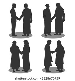 Muslim people standing. Shaking hands and greeting each other