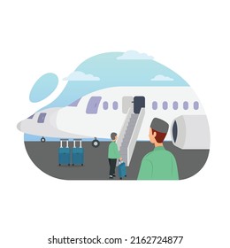 Muslim people take a plane to return to their homeland after performing Hajj vector illustration