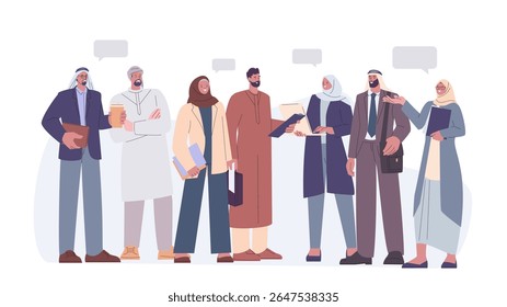 Muslim people talking. Women wear hijab, men in traditional arabic outfits. Isolated arab characters meeting and communicate, vector scene
