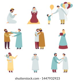 Muslim People in Traditional Clothing Celebrating Eid Al Adha Islamic Holiday Set, Men and Women Praying, Greeting Each Other, Giving Gifts Vector Illustration