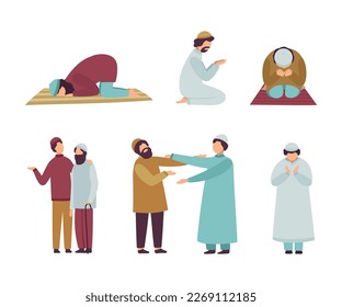 Muslim people in traditional clothing set. Men praying on their knees and greeting each other as they celebrating Eid Al Adha Islamic holiday flat vector