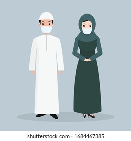 Muslim people wearing face mask icon, Arabic people icon illustration