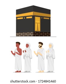 muslim people wearing ihram hajj with kabah building in cartoon flat illustration vector isolated in white background