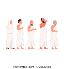 Muslim People Wearing Ihram, Practicing Hajj and Umrah Islamic Pilgrimage to Mecca Flat Illustration