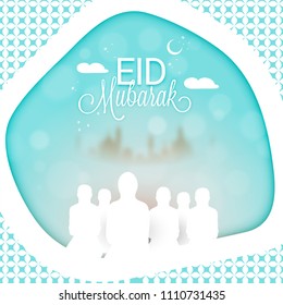 Muslim peoples praying in front of bokeh mosque and arabic pattern background.