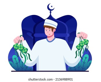 Muslim Person Carry Ketupat Food in Both Hands. Happy Eid al-Fitr with  Muslim Person holding ketupat traditional eid mubarak food. can be use for web, social media, postcard, print, book, animation.