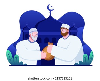 Muslim Person giving zakat to Poor Old Man while Ramadan Month.  Islamic obligation of donation and charity. Islamic People give alms Zakat. Can be used for socila media web, book, animation, etc