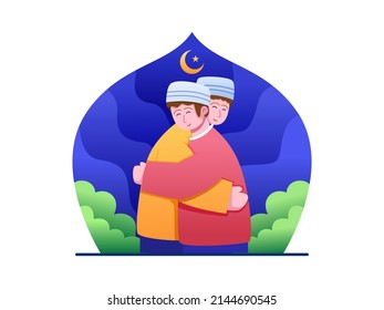 Muslim Person Hug and Forgive Each Other In Holy Month Ramadan. Muslim Man Apologizing Each Other. Can be used for greeting card, poster, banner, postcard, print, social media, etc.