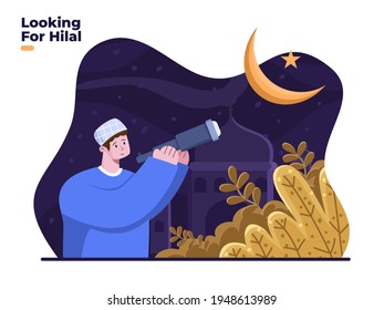 Muslim person looking for hilal at night sky. Islamic people search hilal with telescope. Looking First Crescent moon sign of the start of the month of Ramadan. Starting ramadan fasting month.