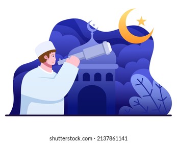 Muslim person looking for hilal at night sky with telescope for the new moon that signals the starting of the Holy month of Ramadan fasting month.